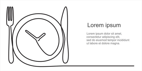 Wall Mural - Dinner time, clock. One Line Drawing of Plate, fork, knife . Food symbol for bar, cafe, hotel. Ready to eat healthy food. Vector logo sign for dinner, breakfast, lunch meal menu service. Obesity