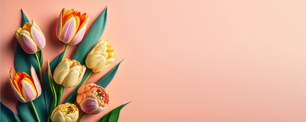Wall Mural - Valentine's day/ Mother's Day/ Women's Day card with tulips and copy space, Generative AI