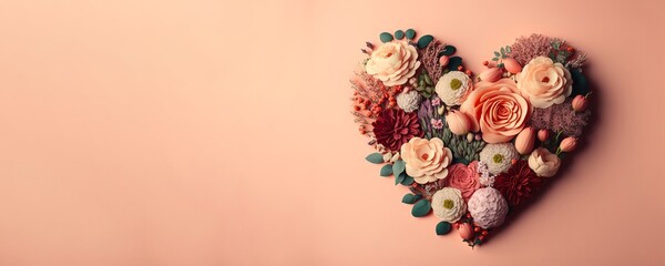 Wall Mural - Valentine's day/ Mother's Day/ Women's Day card with a flower shaped heart and copy space, Generative AI