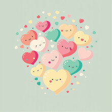 Adorable Kiddy Cartoon Cute Funny Hearts Love Cupcake, Muzzle With Faces And Winking Eyes, Pastel Bright Colors, Vector, Collection Set, Children Illustration, Wallpaper, Valentine