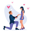 © MVshop - Vector illustration of marriage proposals. Cartoon scene with a man who proposes to his girlfriend and gives her a ring on white background. A romantic date, love is in the air.