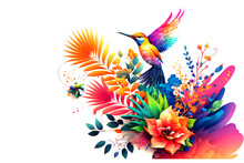 Arrangement Of Tropical Flowers And Plants, With Colorful Birds, And Coral, On An Isolated White Background
Generative AI