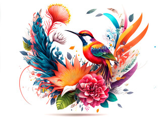 Arrangement of Tropical flowers and plants, with colorful birds, and coral, on an isolated White Background
Generative AI