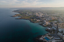 Aerial View Of The Beautiful Coastline With Monopoli City Facing The Mediterranean Sea, Bari, Puglia, Italy.