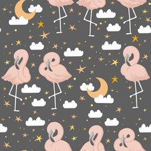Goodnight Flamingo, Seamless Vector Pattern With Baby Nursery Theme Hand Drawn Illustrations
