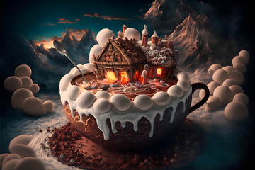 Marshmallow Dream world with hot chocolate rivers. Generative AI