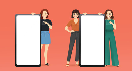 Beautiful smiling young women near large blank phone screens. Happy group of friends standing with empty smartphones together vector illustration