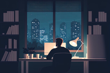 Young professional working from home throughout the evening. Young businessman in a nighttime metropolis, focused, using a computer at his desk. Homework on concepts drawing of a cartoon. Generative