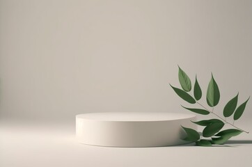 pedestal for product display presentation with twigs with green leaves . minimalist natural showcase