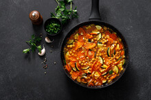 Chickpea And Zucchini Saute With Carrot And Garlic. Classic Italian Side Dish. Top View