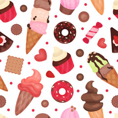 Tasty sweets seamless pattern. Delicious sweet desserts repeating print for wallpaper, wrapping paper, textile, package design cartoon vector