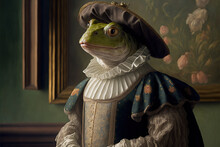 Created With Generative AI Technology. Portrait Of A Frog In Renaissance Clothing