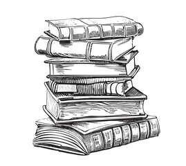 Vertical stack of old vintage books sketch, hand drawn in doodle style Vector illustration.