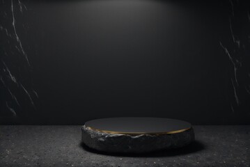 Black gold stone as pedestal for premium product display presentation. Showcase with a dark shining rock