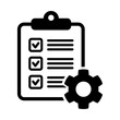 © Maksim - Clipboard with gear isolated icon. Technical support check list icon. Management flat icon concept. Software development.