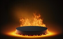 Podium, Pedestal For Product Display Presentation With A Fire. Burning Showcase