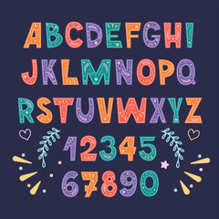 Poster - Kids Cute doodle font. Childish festive english alphabet. Letters from A to Z and numbers from 0 to 9.