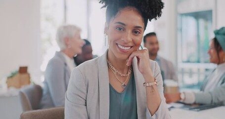 Poster - Black woman, happy face and business meeting with team, employees and staff in office for collaboration, management and startup success. Smile, motivation and portrait of female worker with happiness