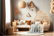 © The 2R Artificiality - Stylish arrangement of a warm Scandinavian style children's room complete with a wooden bed, rattan basket, soft toys, and hanging ornaments. Wall art, carpeting on the floor. Copy space Template