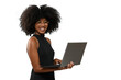 © Edson Souza - woman holding laptop computer typing on keyboard looking at camera, black woman