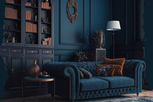 Hipster Style Dark Blue House Decor With Vintage Pieces Of Furniture ,. Generative AI