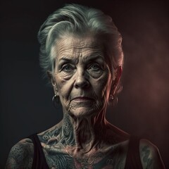 portrait of an old woman with tattoos, style - Generative AI