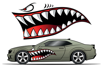 Poster - Flying Tigers bomber plane vector graphic angry shark teeth shark jaws race car decal vehicle decoration vinyl sticker