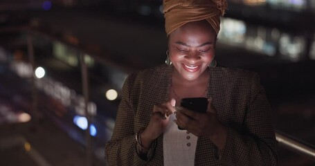 Canvas Print - City, rooftop and black woman on a phone at night networking on social media or the internet. Technology, happiness and African lady browsing online with a cellphone on an outdoor balcony in a town.