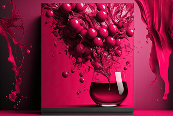 Trendy Pantone 18-1750 viva magenta color abstract background with bubbles and a glass of wine, monochrome background. Color of the year 2023.