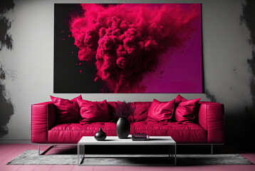 living room interior on Trendy Pantone 18-1750 viva magenta color., monochrome background. Color of the year 2023.