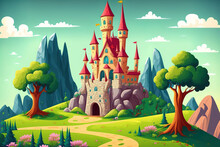 Cartoon Scene For Kids With A Kingdom Castle, Mountains, A Valley, A Settlement, And A Mine Are Nearby. Generative AI