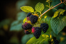 There Are Blackberries In The Garden. Blackberries, Both Ripe And Unripe, On A Shrub. Food. Generative AI