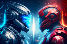 Two Futuristic Robots Before Match In Blue And Red Color. Postproducted Generative AI Digital Illustration.