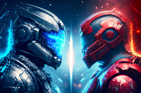 Wall Mural -  - Two futuristic robots before match in blue and red color. Postproducted generative AI digital illustration.