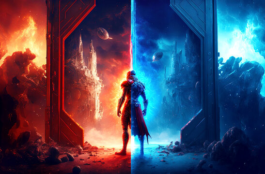 Wall Mural -  - Two sides of the futuristic worlds at game in red and blue color. Postproducted generative AI digital illustration.