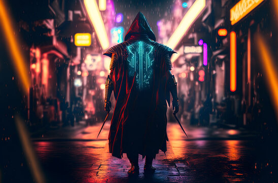 Wall Mural -  - Standing dark samurai on the street with blurred neon lights at night on background. Postproducted generative AI digital illustration.