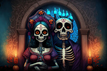Halloween Night Mystery Digital Painting Backdrop Illustration With Handmade Skull Style Rag Dolls. Generative AI