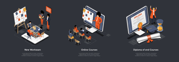 Wall Mural - Concept Of Online Courses End, Distance Online E-Learning. Students Got Diploma At Virtual Clssroom Listening To Teacher. Self Education, Online Studying. Isometric 3D Cartoon Vector Illustration Set