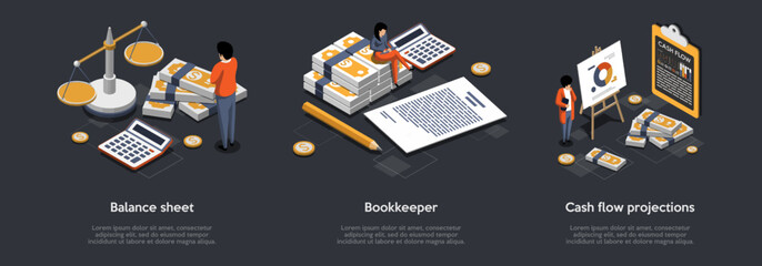 Personal Accounting, Balance Sheet And Cash Flow Projections Concept. Financial Consultant Reduces Debit With Credit. Characters Preparing Financial Tax Report. Isometric 3d Vector Illustrations Set