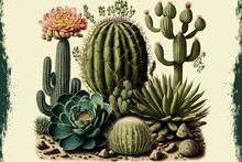 Lithograph Of A Succulent Cactus. Generative AI