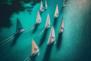 Beautiful sailboats sailing in a team on a sea of turquoise clarity was captured by an aerial drone. Generative AI