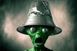 Frightened paranoid green alien wears a tinfoil hat, created with Generative AI technology