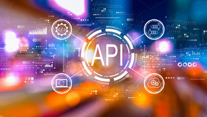 api - application programming interface concept with urban city lights at night