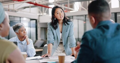 Aufkleber - Business meeting, business people and leadership with question in collaboration, company staff and project strategy. Planning, schedule and woman leader with diversity, team and corporate paperwork.
