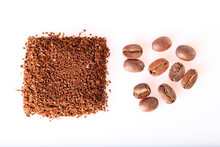 Ground Coffee And Coffee Bean On White Background, Oakland, USA