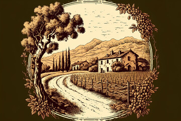 Poster - vintage hand drawn vineyard artwork in form. Generative AI