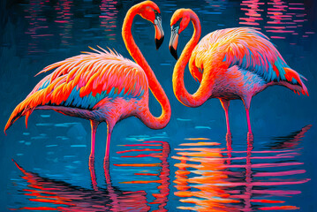 Pair of flamingos, painting. Generative AI