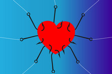 Vector Illustration Of Bleeding Heart Torn In All Directions By Fish Hooks, Concept Of Emotional Uncertainty And Emotional Problems