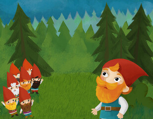 Wall Mural - cartoon scene with dwarfs in the forest illustration for children