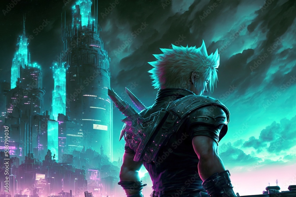 An anime character standing in front of a huge fantasy city at night ...